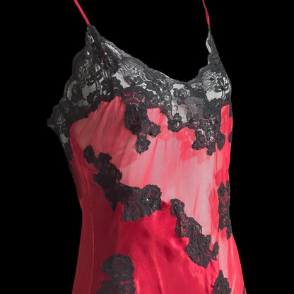 FREDERICK'S Attributed, vintage 1980s Slip Dress, Red and black satin and sheer mesh, lace and sequins, sheath night dress