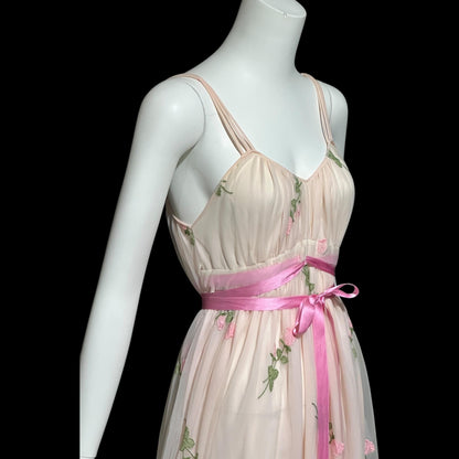 1950s Vintage nightgown slip dress, pink embroidered scattered rosebuds