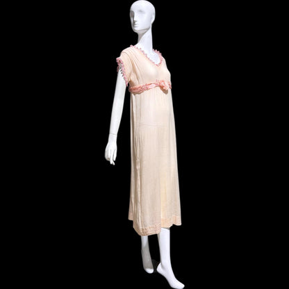 1920s vintage nightgown dress, Romantic Dusty pink cotton gauze muslin lingerie dress with needlework