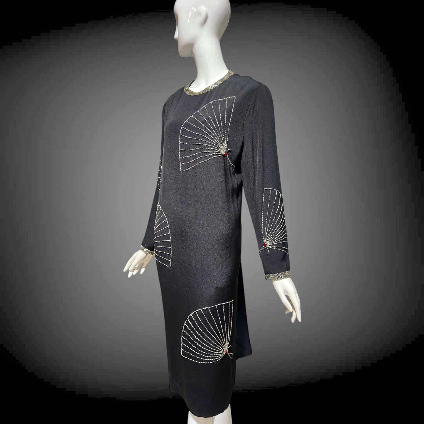 ADELE SIMPSON 1980s black cocktail party shift dress with beaded fans