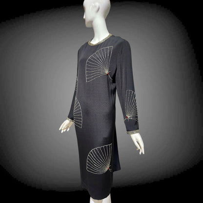 ADELE SIMPSON 1980s black cocktail party shift dress with beaded fans