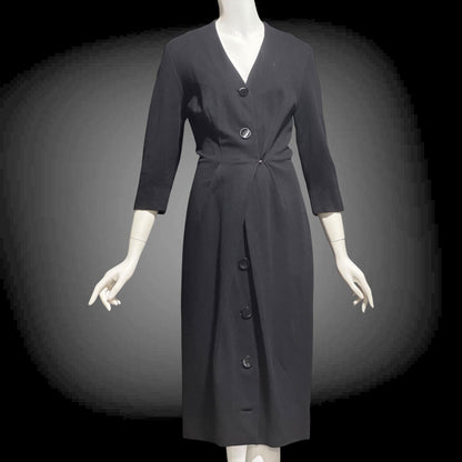 TRICOSA PARIS vintage 1950s coat dress, black knit bombshell wiggle dress, button front