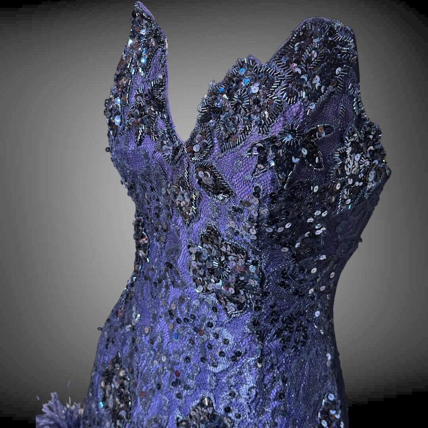 LILLIE RUBIN, vintage 1980s MINI Party Prom cocktail dress, Navy Blue Strapless sequin lace and ostrich feathers