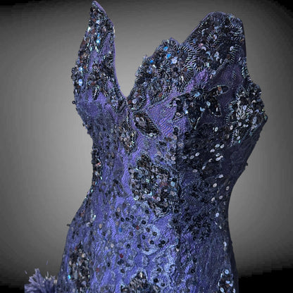 LILLIE RUBIN, vintage 1980s MINI Party Prom cocktail dress, Navy Blue Strapless sequin lace and ostrich feathers