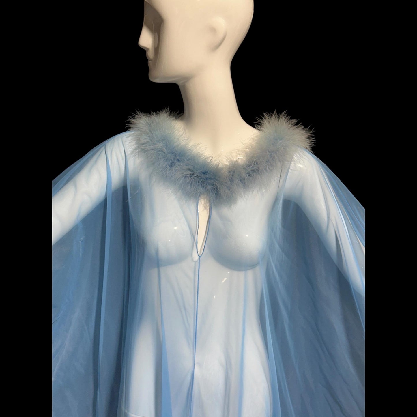 JENELLE of California, vintage 1960s nightgown caftan, Sheer blue nylon with marabou feathers, loose house dress lounging gown