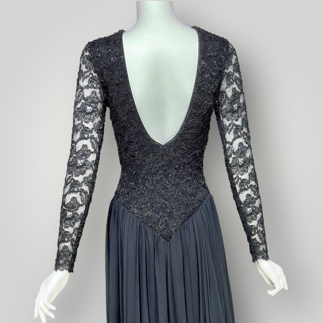 JOHN CHARLES vintage 1980s evening dress, black stretchy lace Jersey Knit with chiffon skirt