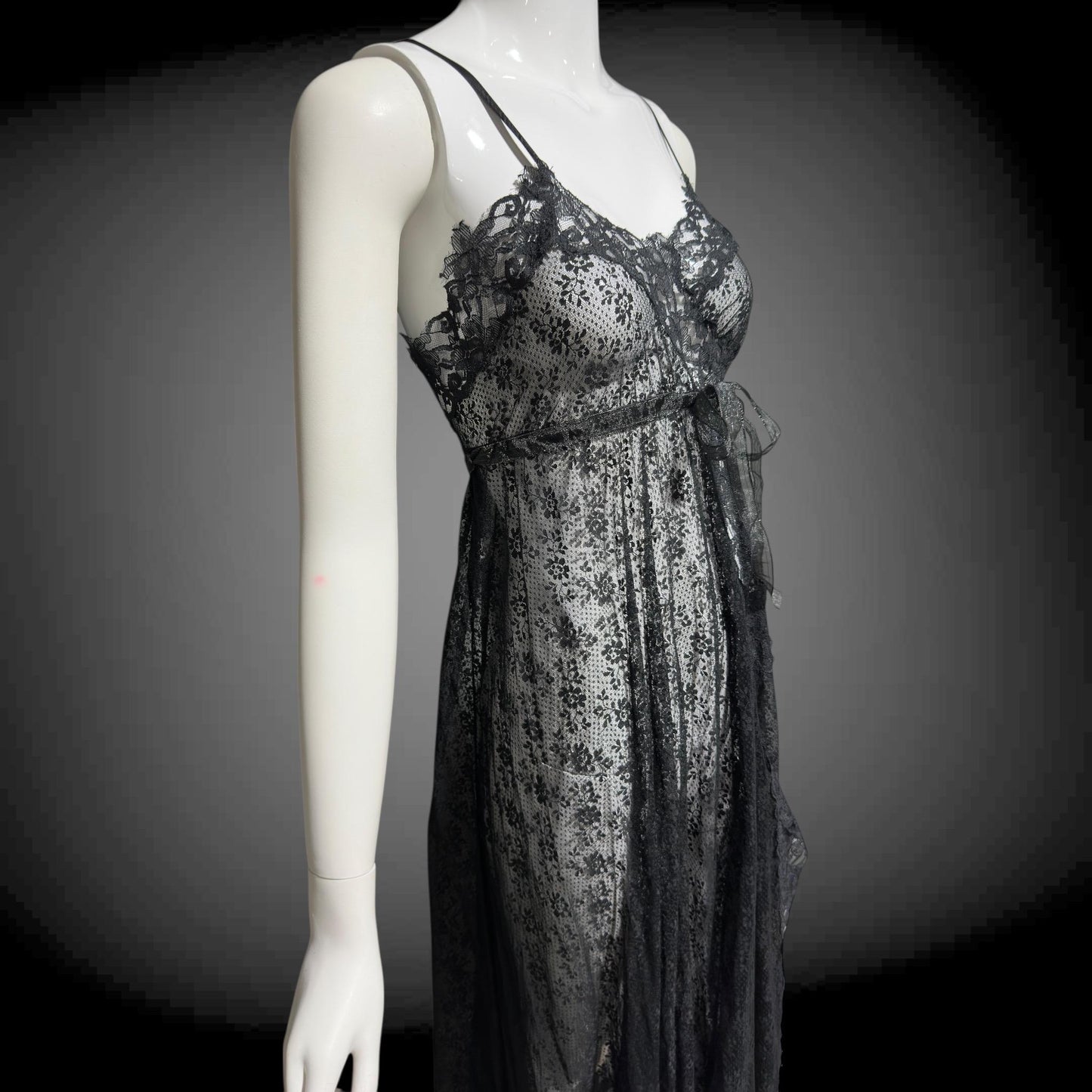GLYDON'S vintage nightgown slip dress, Hollywood 1960s sheer black lace full length lingerie dress
