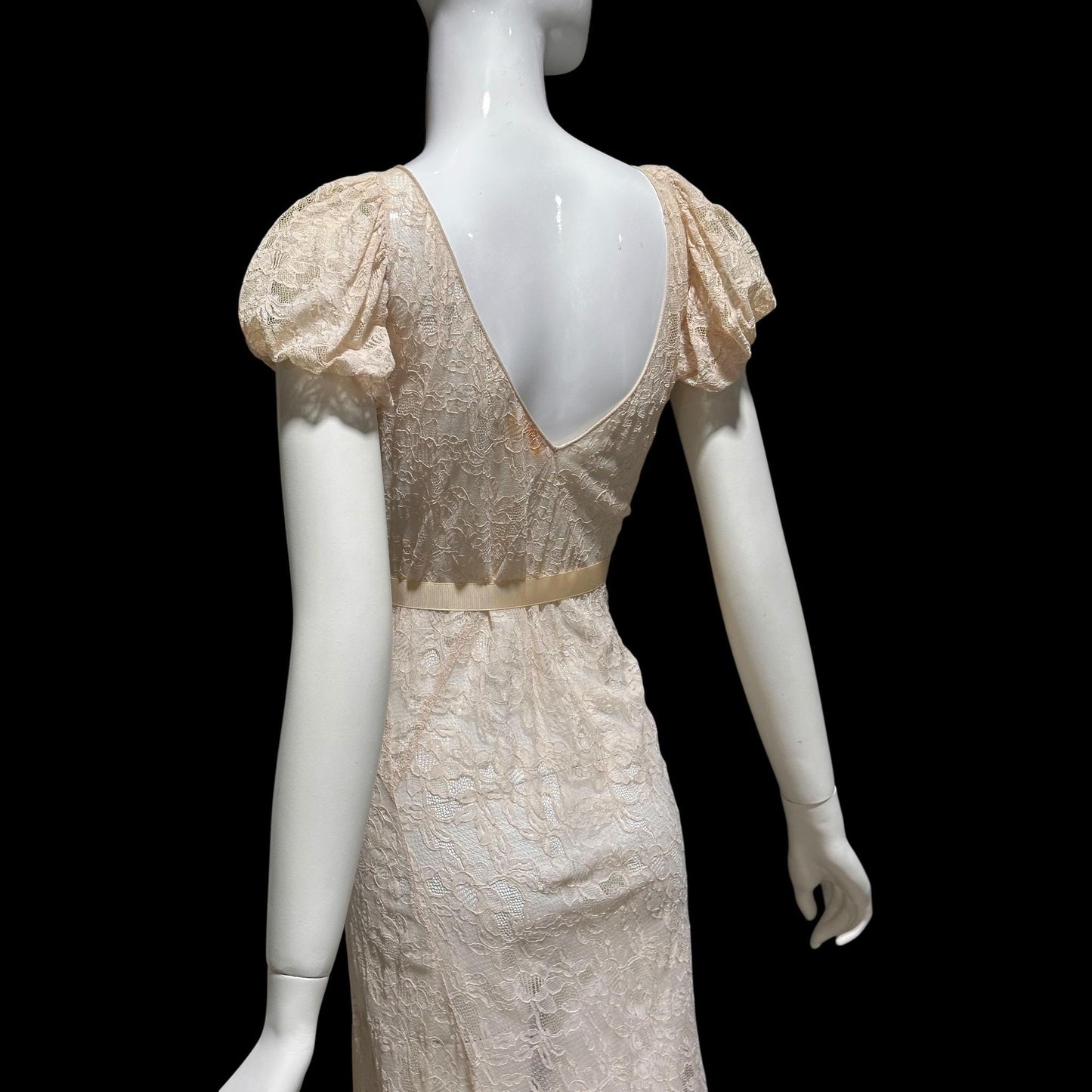 FRANKLIN SIMON vintage 1930s evening dress, totally sheer blush lace, bias cut see through feather weight sheath gown