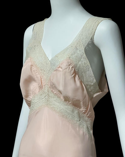 1940s vintage Nightgown slip dress, Custom Made pink bias cut lacy slip dress