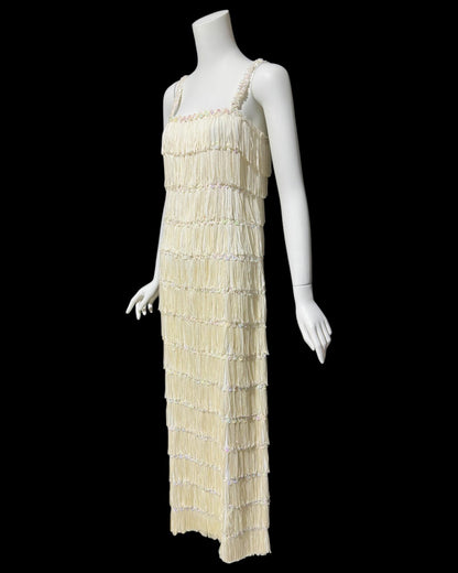 1960s vintage white fringed evening dress gown, column dress with sequins