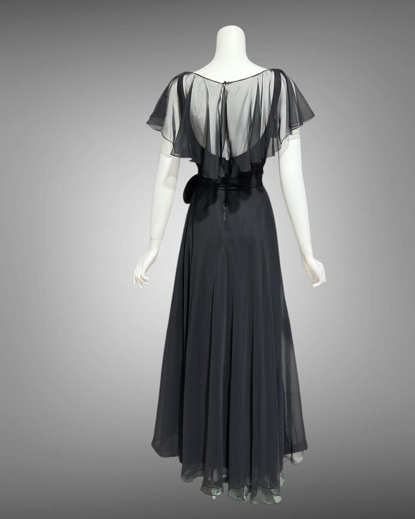 MOLLIE PARNIS vintage evening dress gown, 1970s black poly chiffon ruffled neckline scarf dress