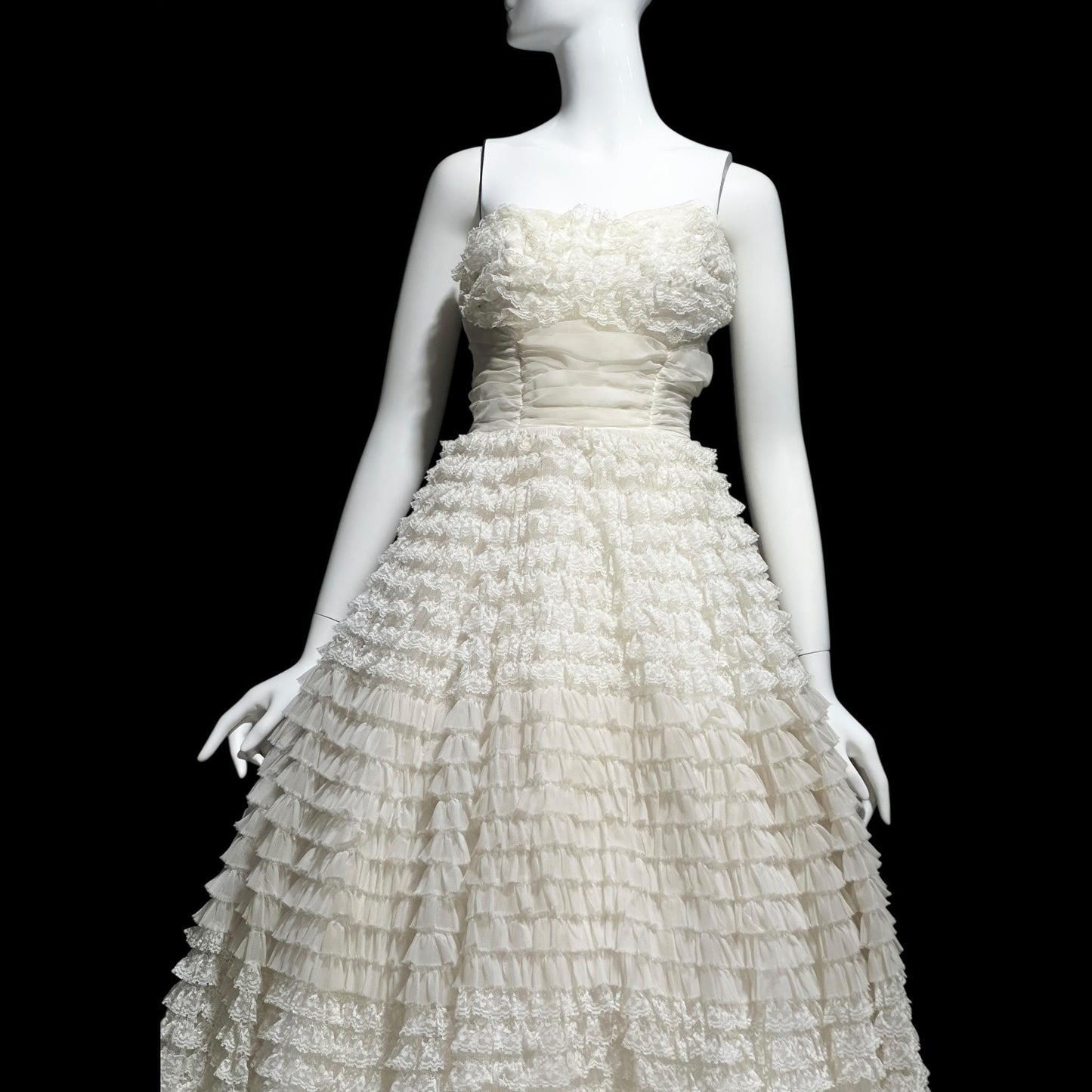 1950s vintage wedding prom gown, off white tiered lace and tulle cupcake dress, ruffled meringue ball gown
