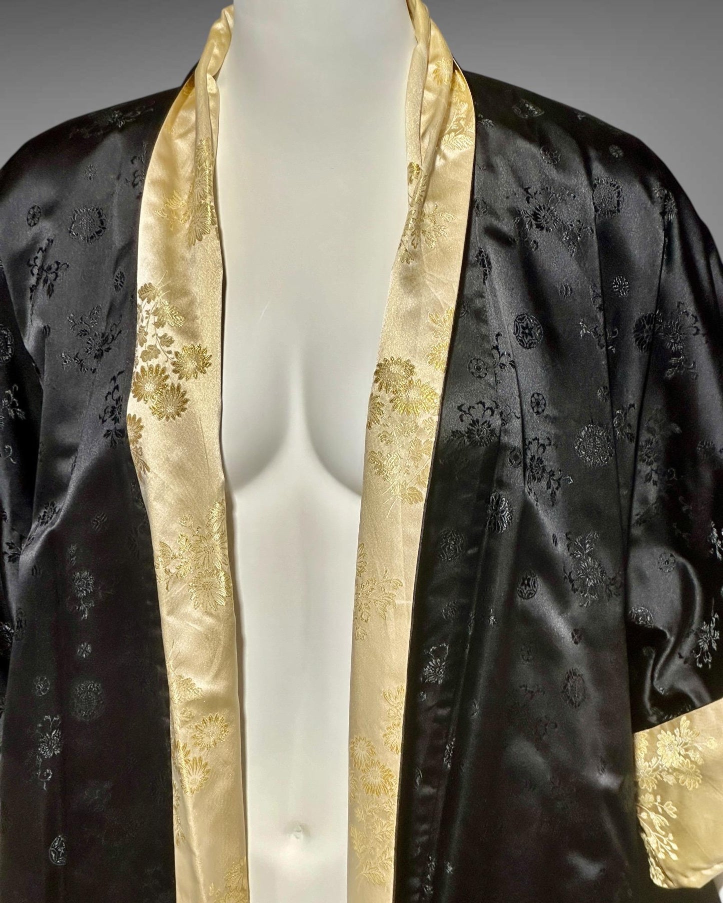 HAYASHI vintage 1960s evening coat, Reversible Gold Black Silk Satin Japanese duster opera coat