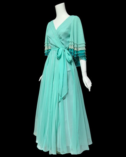 JACK BRYAN, vintage 1970s teal green chiffon evening dress with beaded flutter sleeves