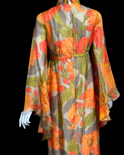 BOB BUGNAND Sam Friedlander,  Martha Weathered, vintage 1960s evening dress, Orange floral angel sleeves