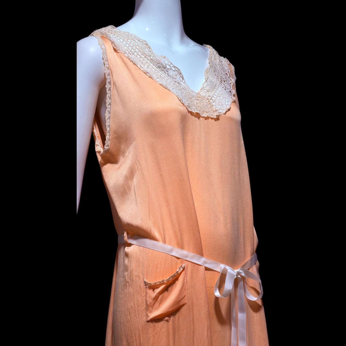 1920s vintage nightgown slip dress, peach sorbet silk shift lingerie dress