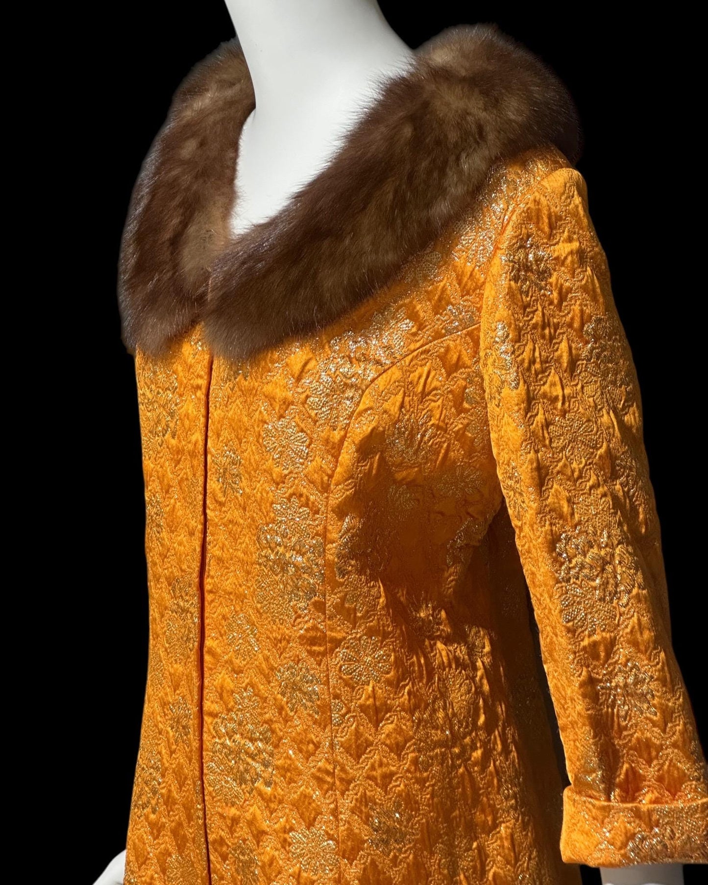 MALOUF PERFECT NEGLIGEE, vintage 1950s orange gold metallic brocade shift dressing gown robe, front zip mink fur trim