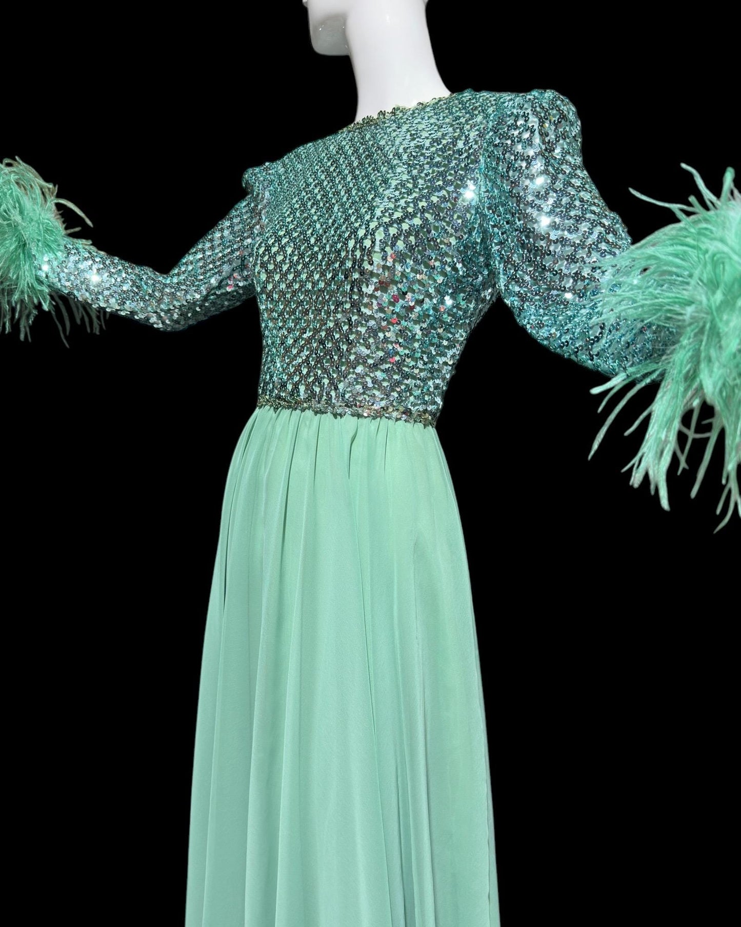 Custom Made, vintage 1970s evening dress gown, sea green chiffon and sequin ball gown with Ostrich Feathers