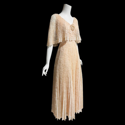 1970s vintage evening dress, peachy lace pleated dress, ruffled cape collar hippie boho chic evening gown, 36 bust