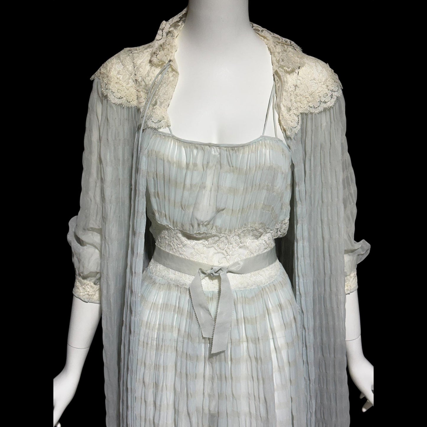 TULA, vintage 1940s nightgown robe set, powder blue striped sheer seersucker peignoir set