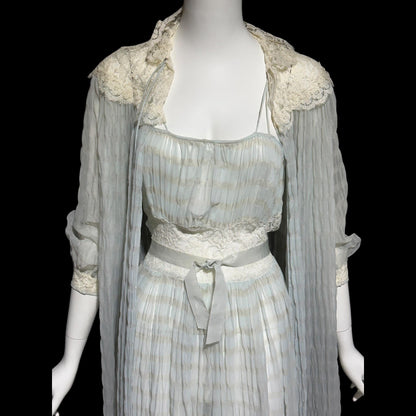 TULA, vintage 1940s nightgown robe set, powder blue striped sheer seersucker peignoir set