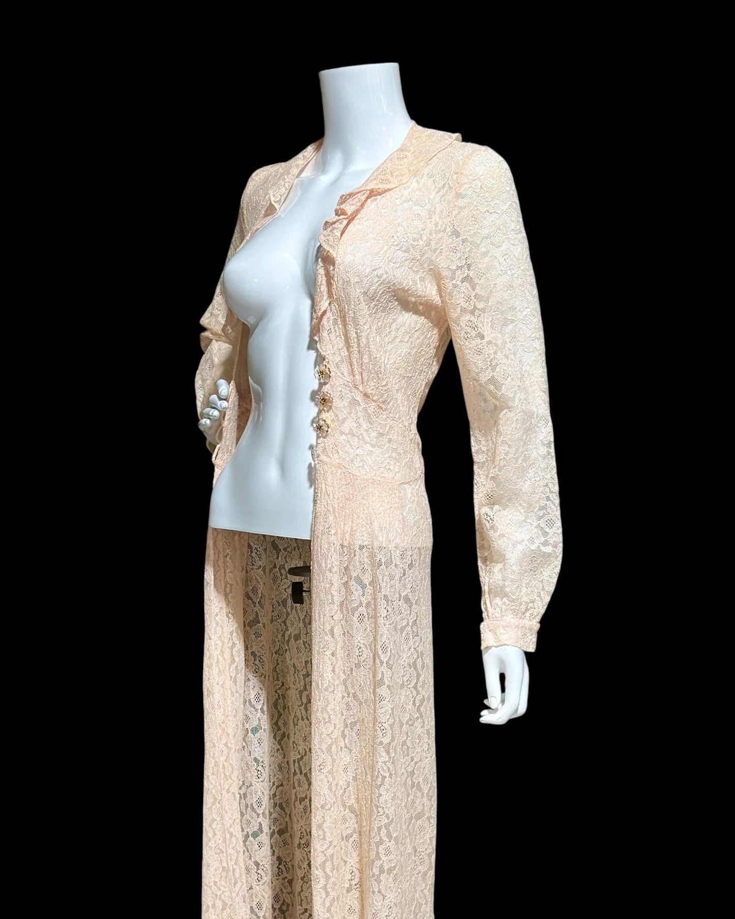 FLOBERT vintage 1940s sheer pink lace dressing gown robe, lace button front peignoir housecoat