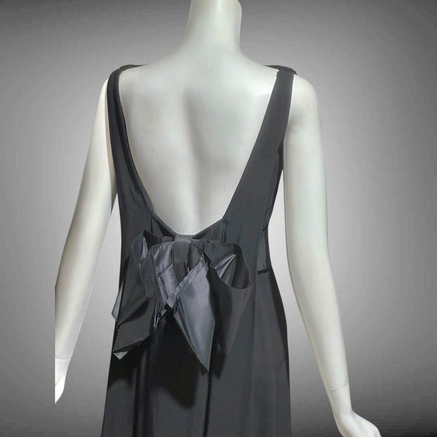 CAMEO vintage 1960s evening dress gown, black formal dress, backless watteau back