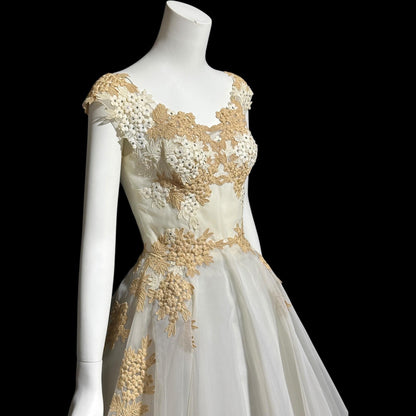 PEGGY HUNT, vintage 1950s dress, white and ecru lace rhinestones fit and flare cocktail party formal wedding dress, 34 bust