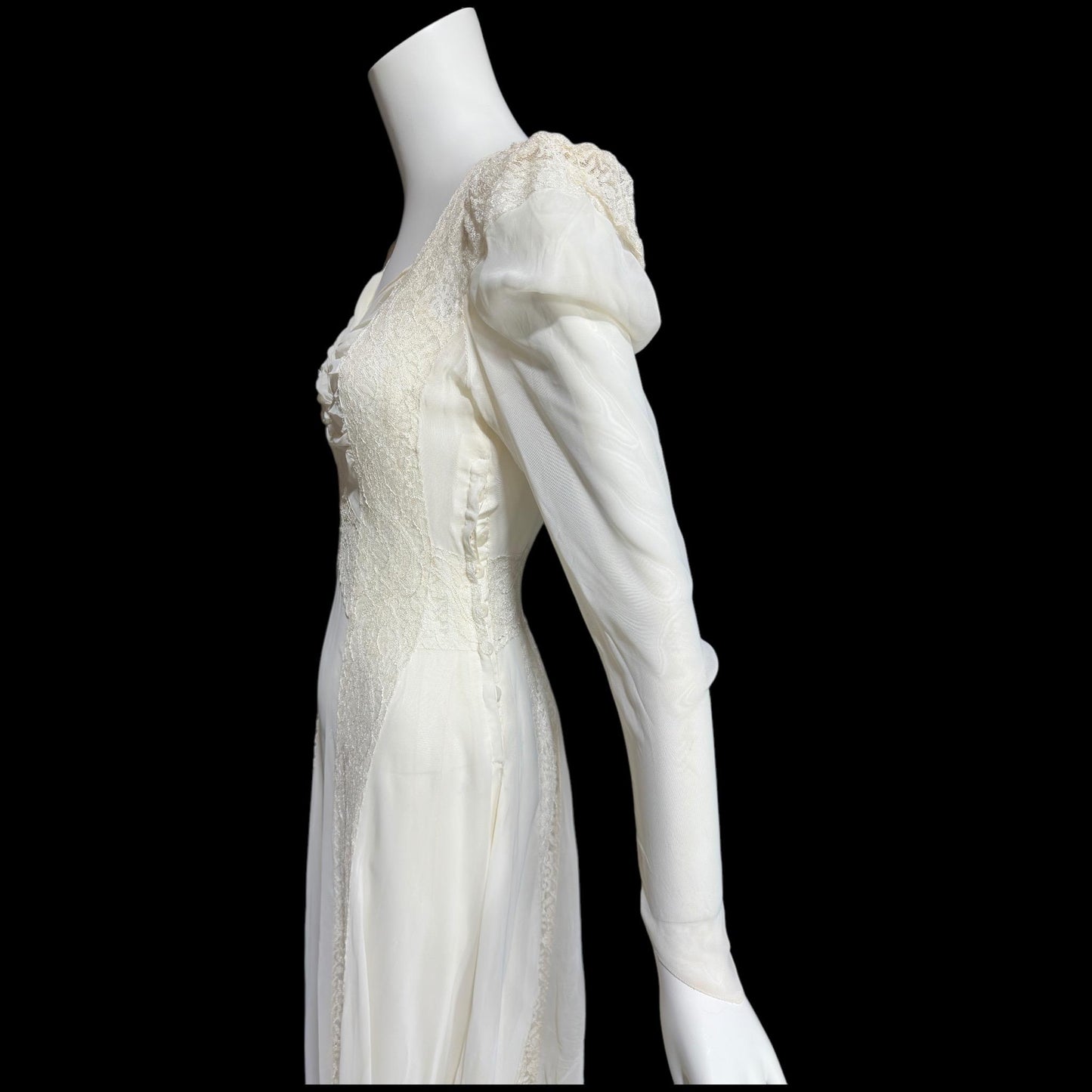 1940s vintage wedding dress, White sheer long sleeve sheath slip gown with train and slip