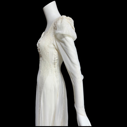 1940s vintage wedding dress, White sheer long sleeve sheath slip gown with train and slip