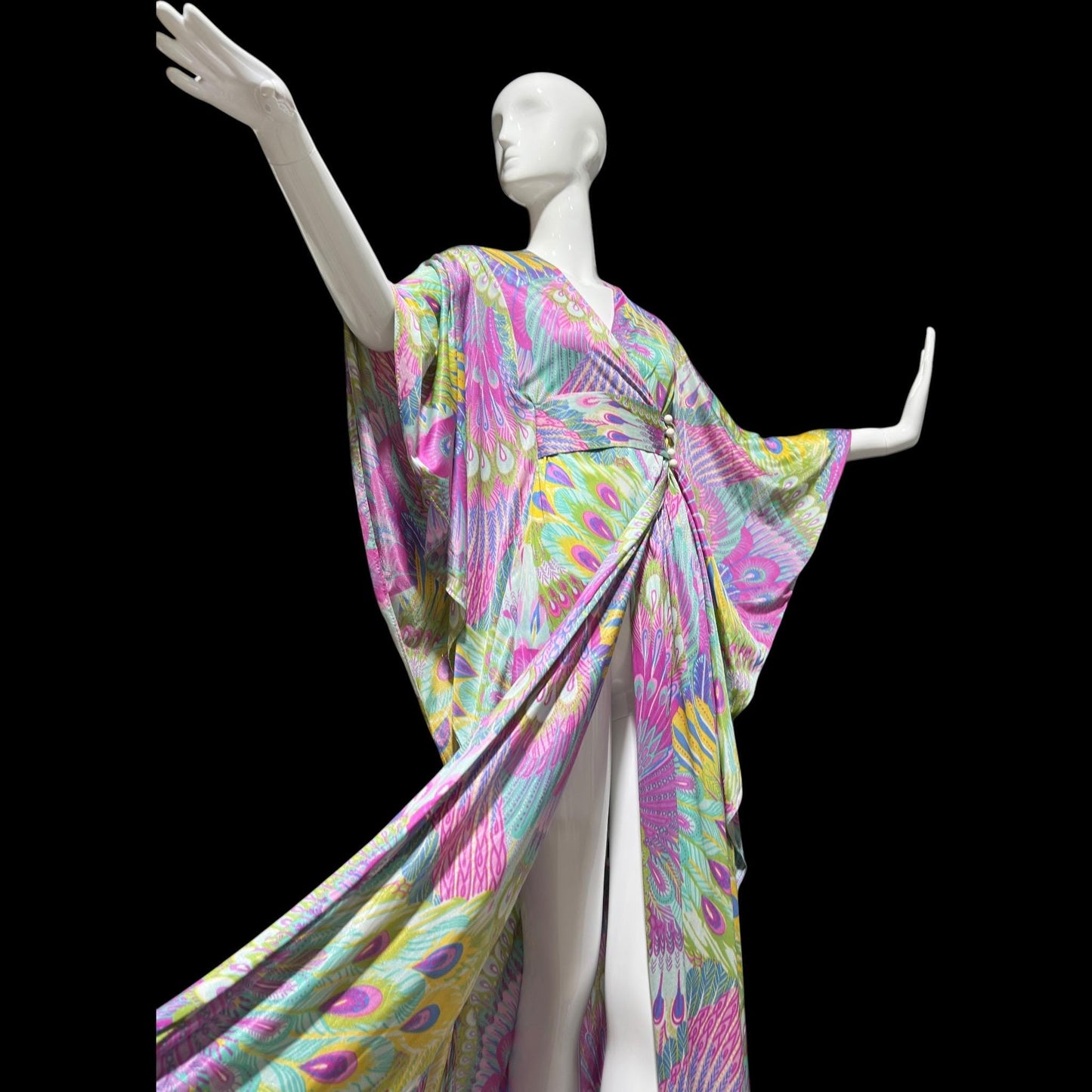 FREDERICK'S of HOLLYWOOD vintage 1970s caftan dress, psychedelic nylon Op Art kaftan House Dress