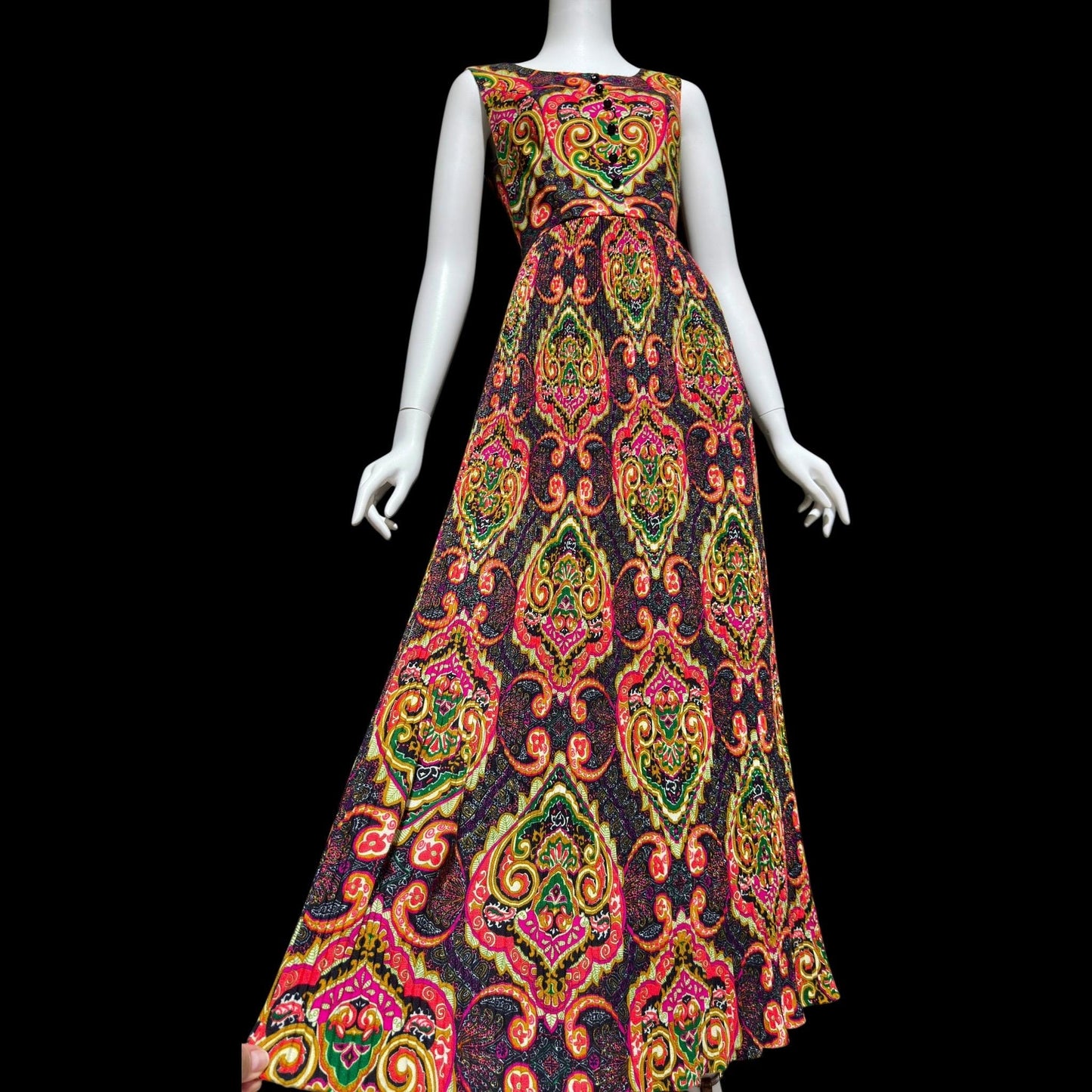 FRED ROTHECHILD, vintage 1970s maxi dress, micro pleated skirt, neon op art paisley, casual day hippie boho dress