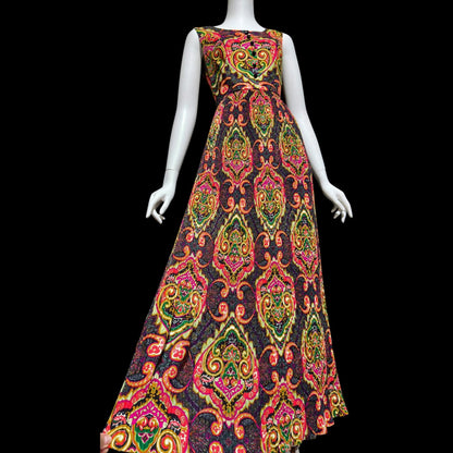 FRED ROTHECHILD, vintage 1970s maxi dress, micro pleated skirt, neon op art paisley, casual day hippie boho dress