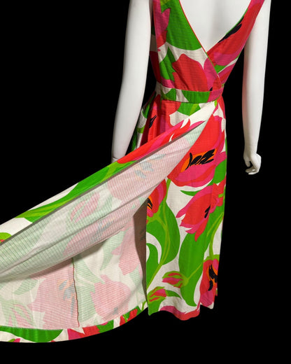 MALIA HONOLULU, vintage 1960s dress, Hawaiian wrap cotton maxi sundress, Hot Pink Green Summer Beach Party dress