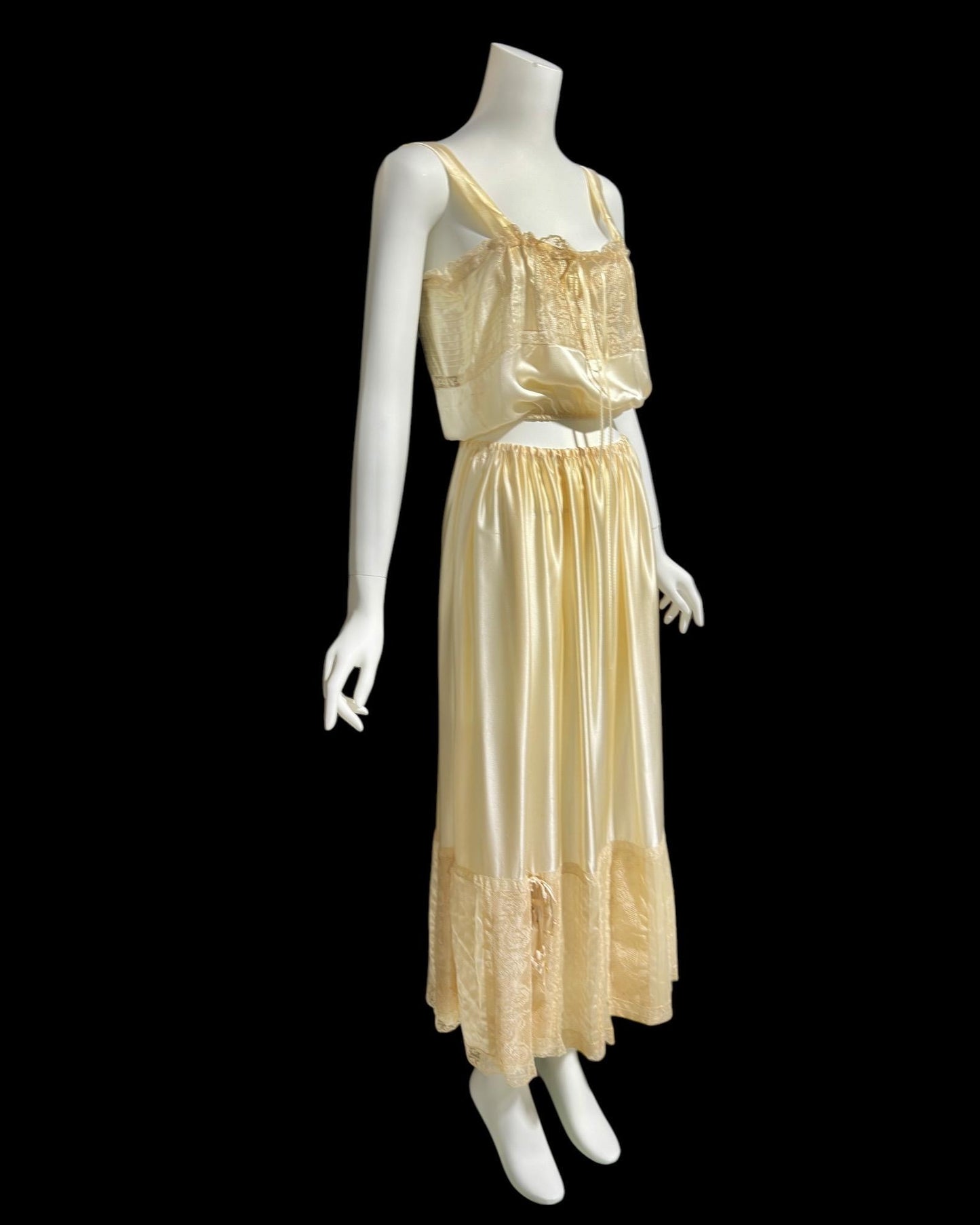 Antique Edwardian 1900s silk camisole and skirt set, pin tucks and lace, 2pc lingerie set