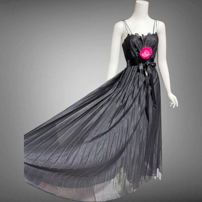 VANITY FAIR, vintage 1950s nightgown slip dress, Black sheer chiffon full pleated night dress, rosette Grecian goddess gown