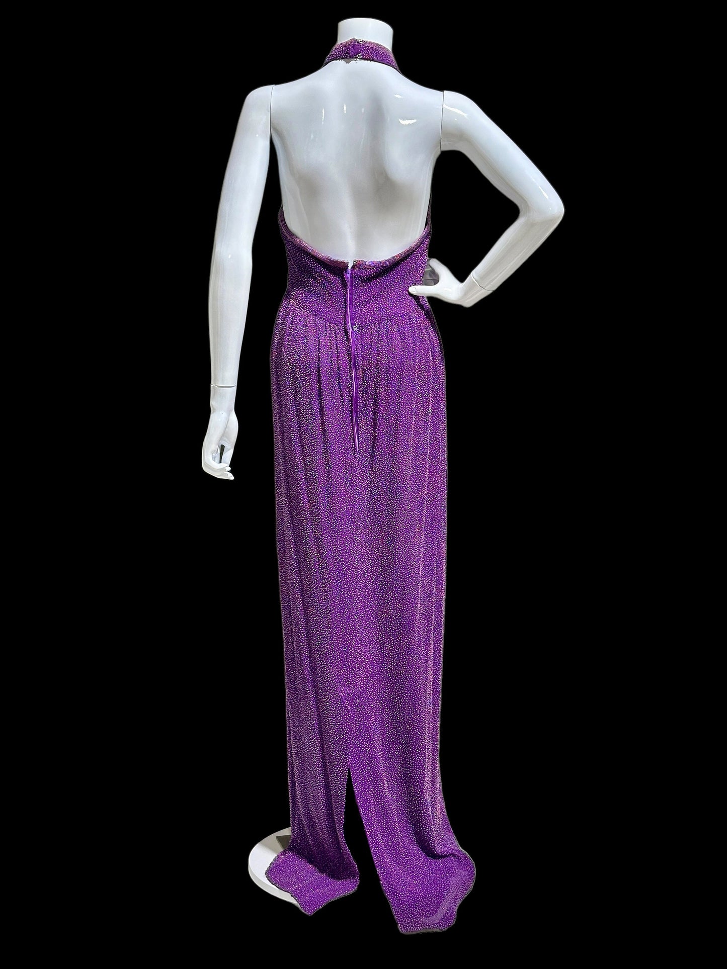 JEET vintage evening gown, Purple Beaded Silk Sheath gown, Halter slip dress