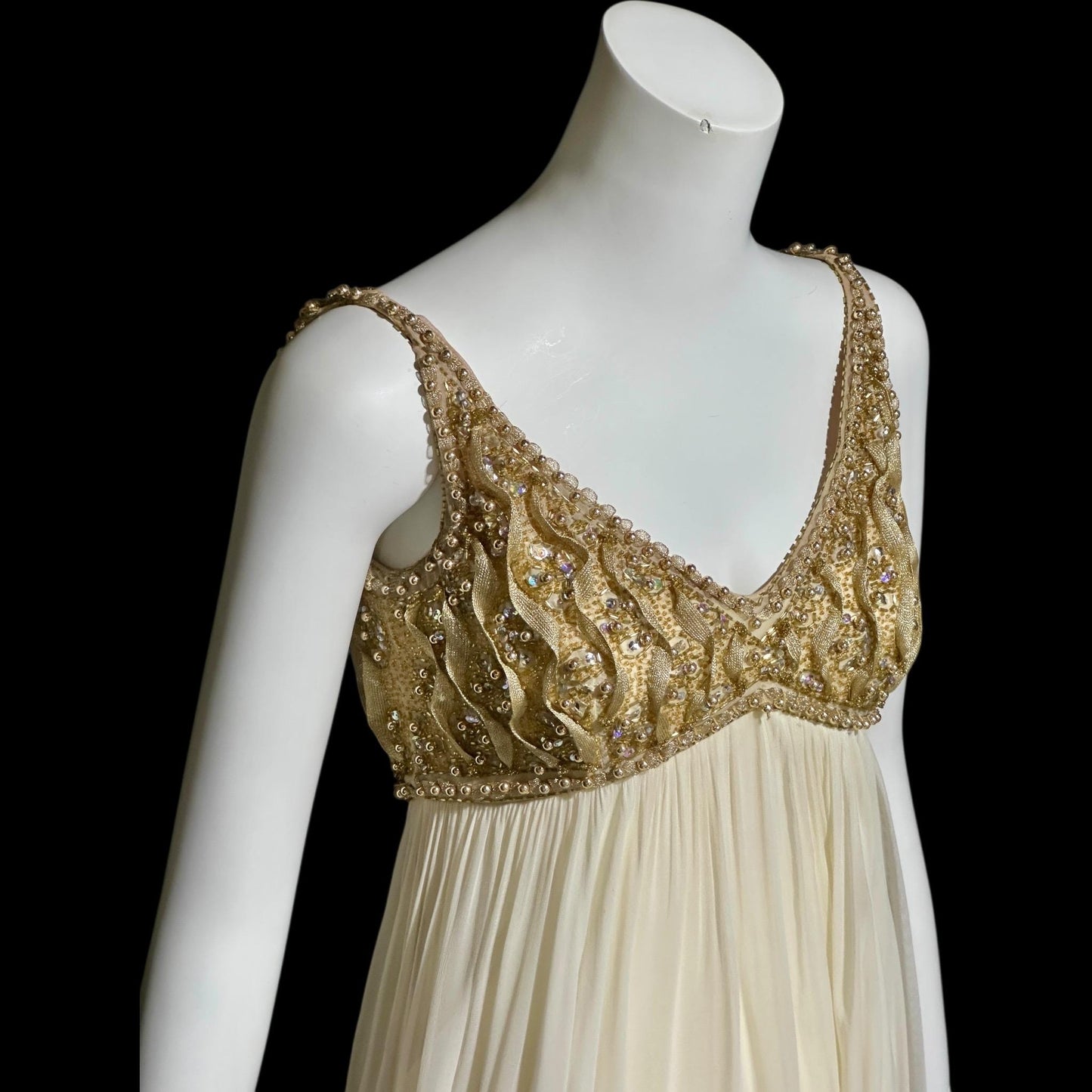 TOWN & COUNTRY vintage 1960s evening dress, white chiffon gold beads sequins wedding bridal gown