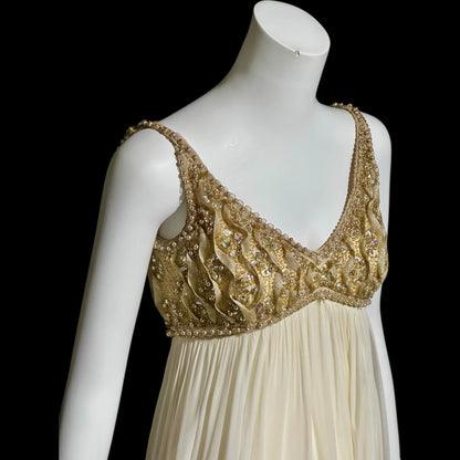 TOWN & COUNTRY vintage 1960s evening dress, white chiffon gold beads sequins wedding bridal gown