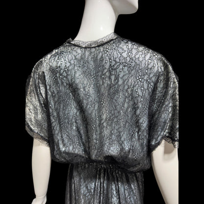JUVENTA vintage 1930s dressing gown robe, sheer black lace with blue satin peignoir housecoat, Made in France