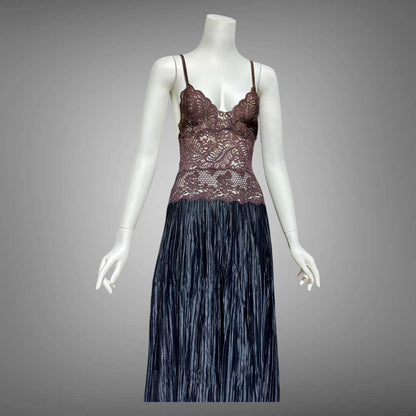 FERNANDO SANCHEZ, vintage 1970s Nightgown, Black and Chocolate lace plisse gown