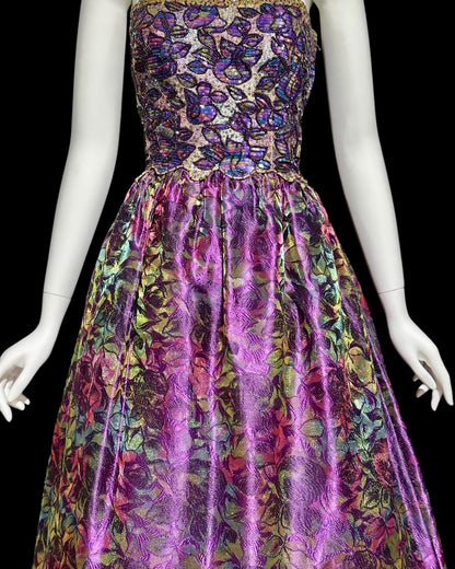 MARY MCFADDEN COUTURE, vintage 1980s evening dress, Saks Fifth Avenue Purple beaded floral ball gown