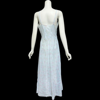 ALBERTA vintage 1940s nightgown slip dress, Sheer dusty blue with with pink rosebuds, Old Hollywood full length gown