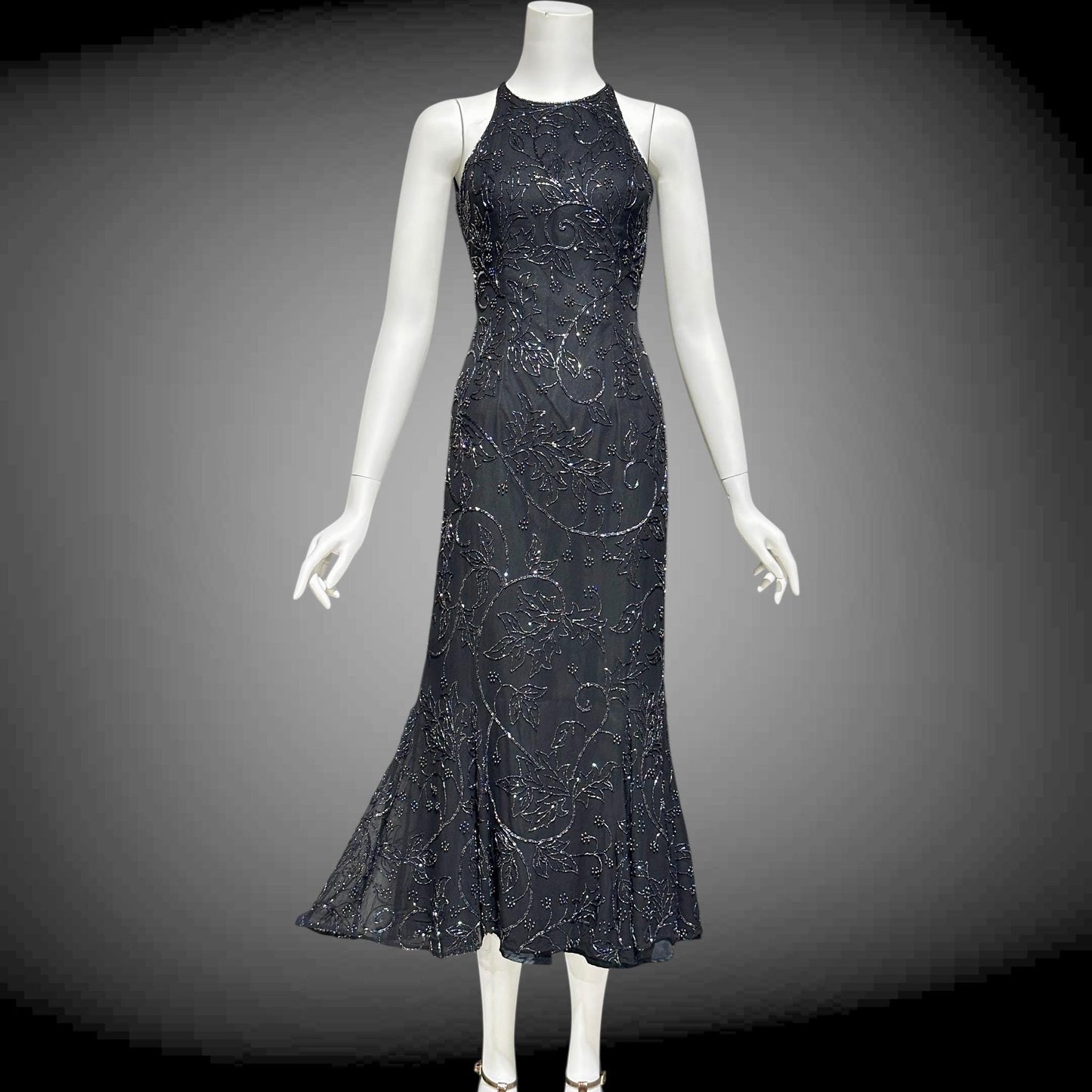 CACHE vintage 1990s evening dress, Bodycon black beaded racer back sheath slip dress, backless cocktail party dress