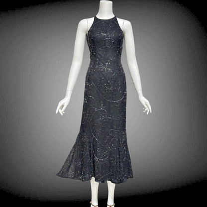 CACHE vintage 1990s evening dress, Bodycon black beaded racer back sheath slip dress, backless cocktail party dress
