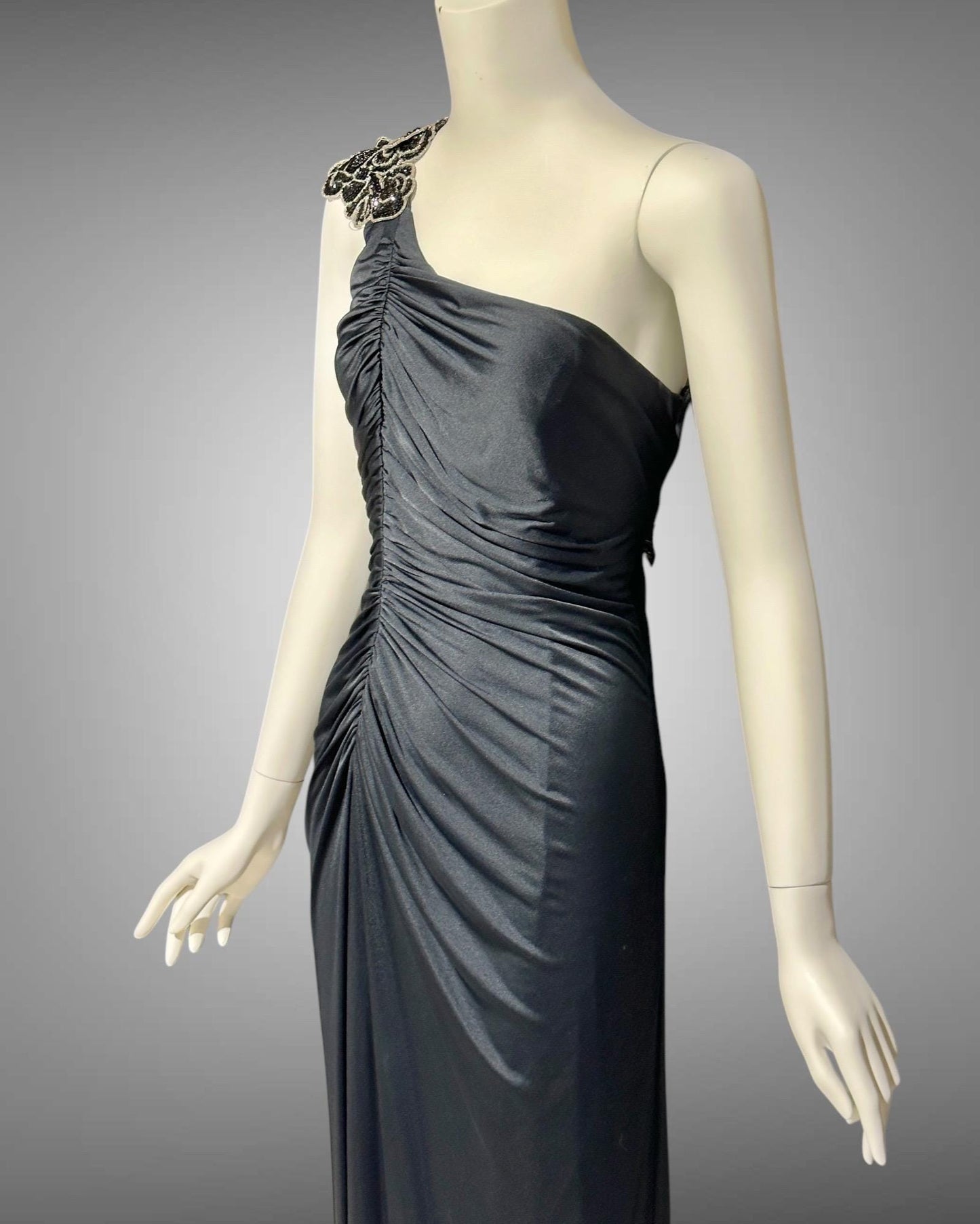 EUGENE ALEXANDER 1980s vintage Slinky Black sheath evening dress, One Shoulder Grecian Goddess gown