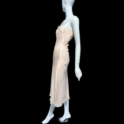 1930s vintage Pale Peachy Pink Rayon Slip Dress: Bias Cut Nightgown, Lace Trim