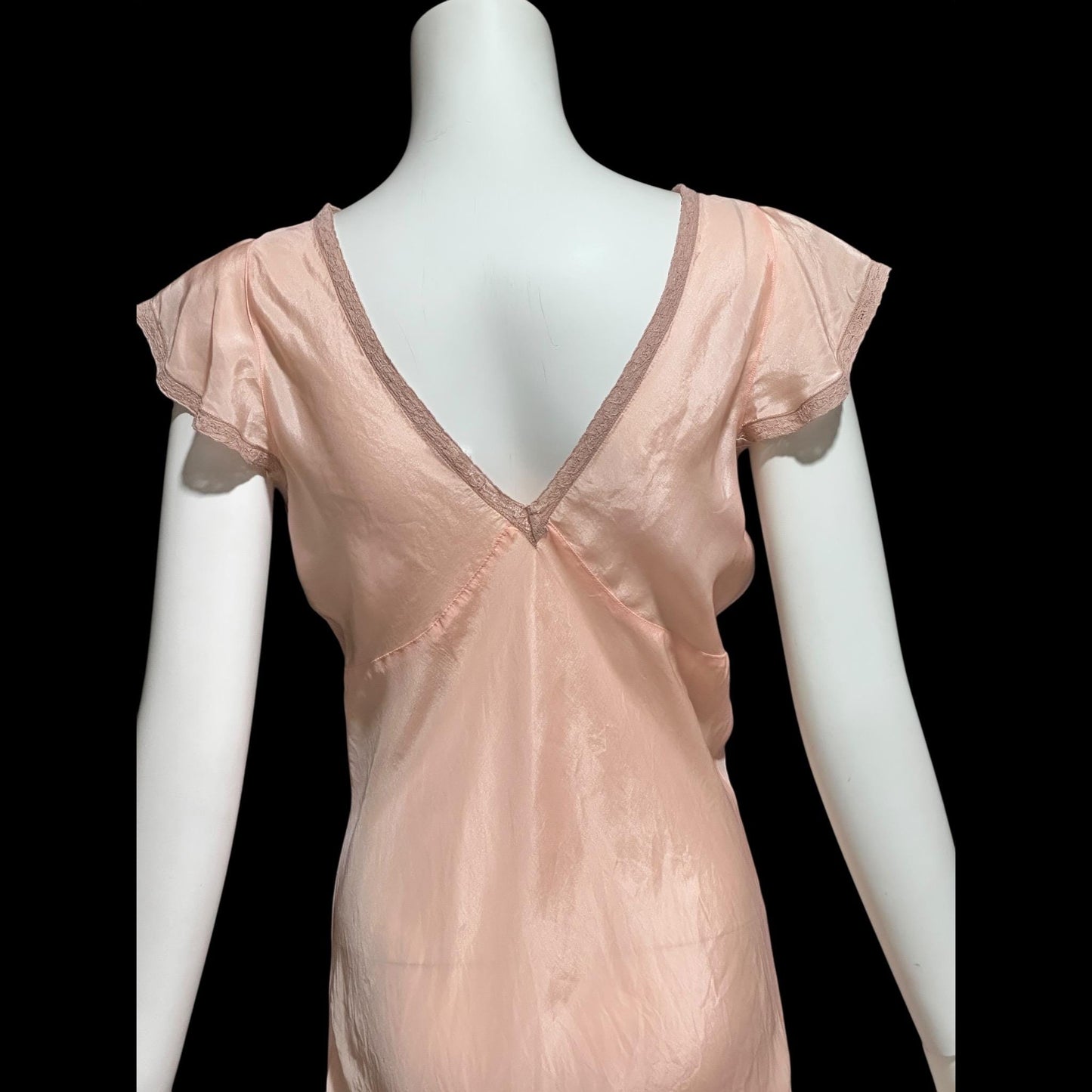 1930s Rayon Slip Dress: Vintage Bias Cut Shiny Peachy Pink Nightgown, Lace Trim