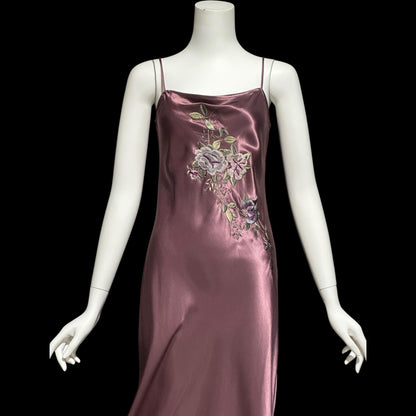 BONNIE STRAUSS vintage 1990s evening slip dress, shiny satin bias cut sheath embroidered 1940s style gown
