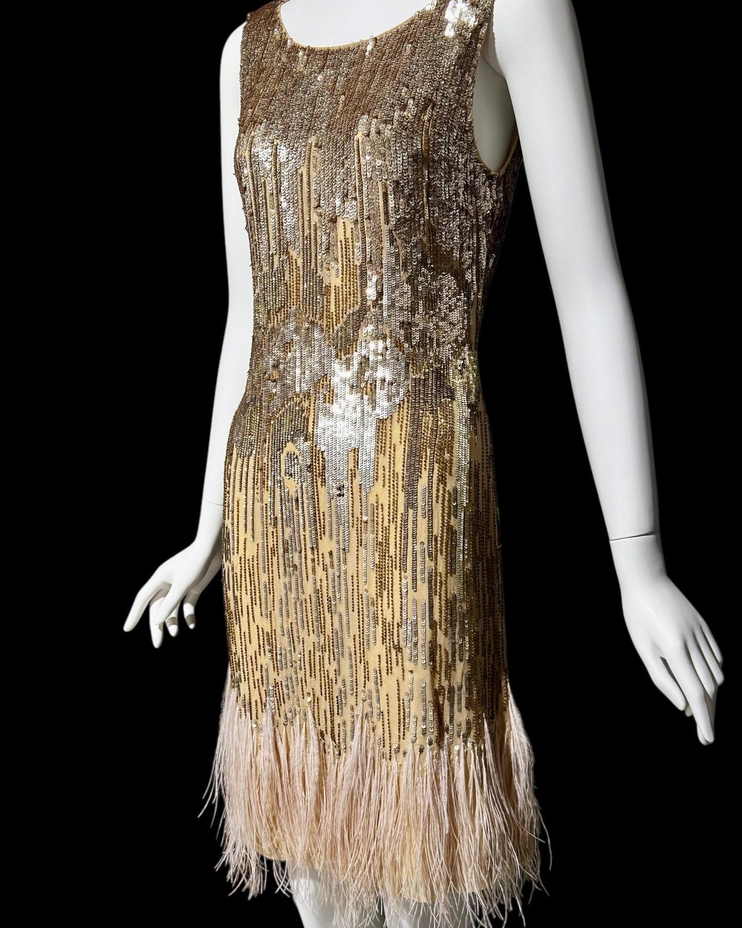 Y2K Gold sequins & pink feathers flapper style party cocktail dress, Custom Made Slip Tank Dress